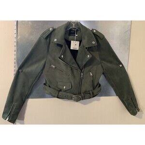 Bershka Olive Eco-Suede Leather Jacket Cropped Moto Biker Metallic M NEW w/Tag